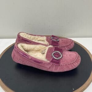 UGG Dakota‎ Slippers Women 7 Pink Suede Bow Shearling Moccasin Loafers